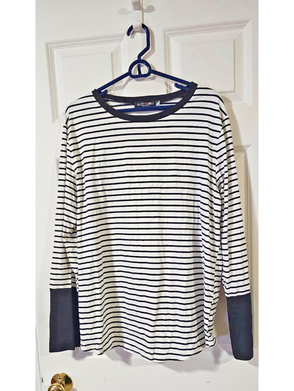 Glitzy Girlz Long Sleeve Top Womens Size L Black White Striped Bamboo